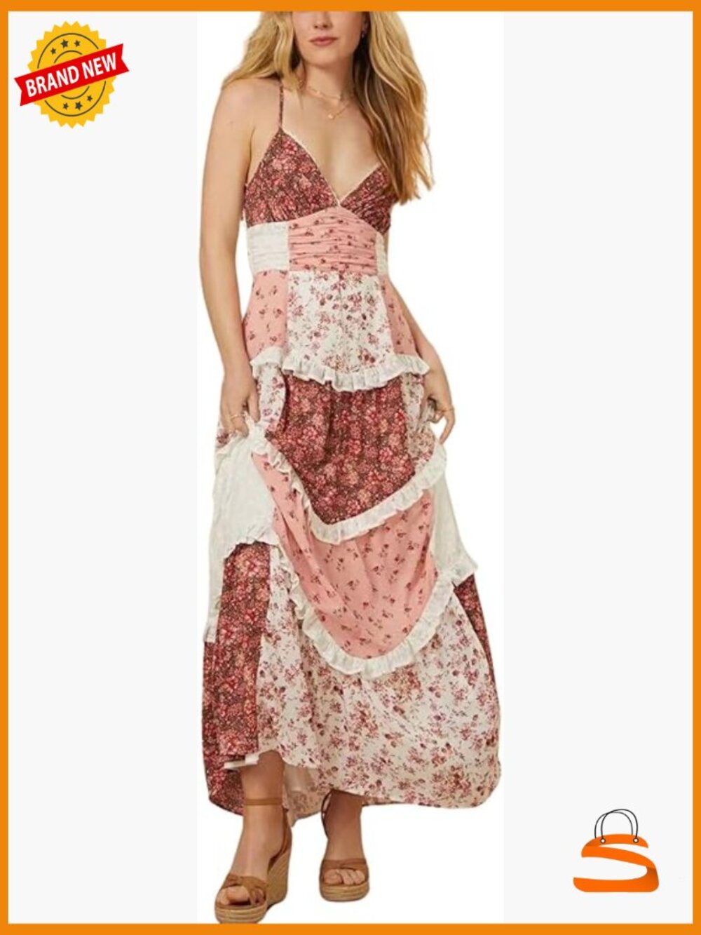Womens Lace Patchwork Floral Maxi Dress Spaghetti Strap Backless Ruffle Boho